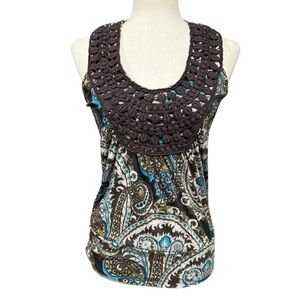 Y2K Vintage Crochet Front Tank Top Medium Brown Turquoise Paisley Racer Back